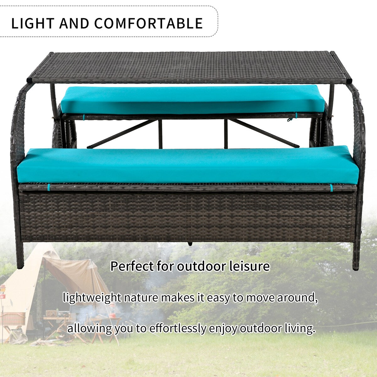 HDPE Outdoor Conversation Sets Loveseat with Cushions, Convertible 4-Seats and Coffee Table, Suitable for Gardens Lawns, Blue