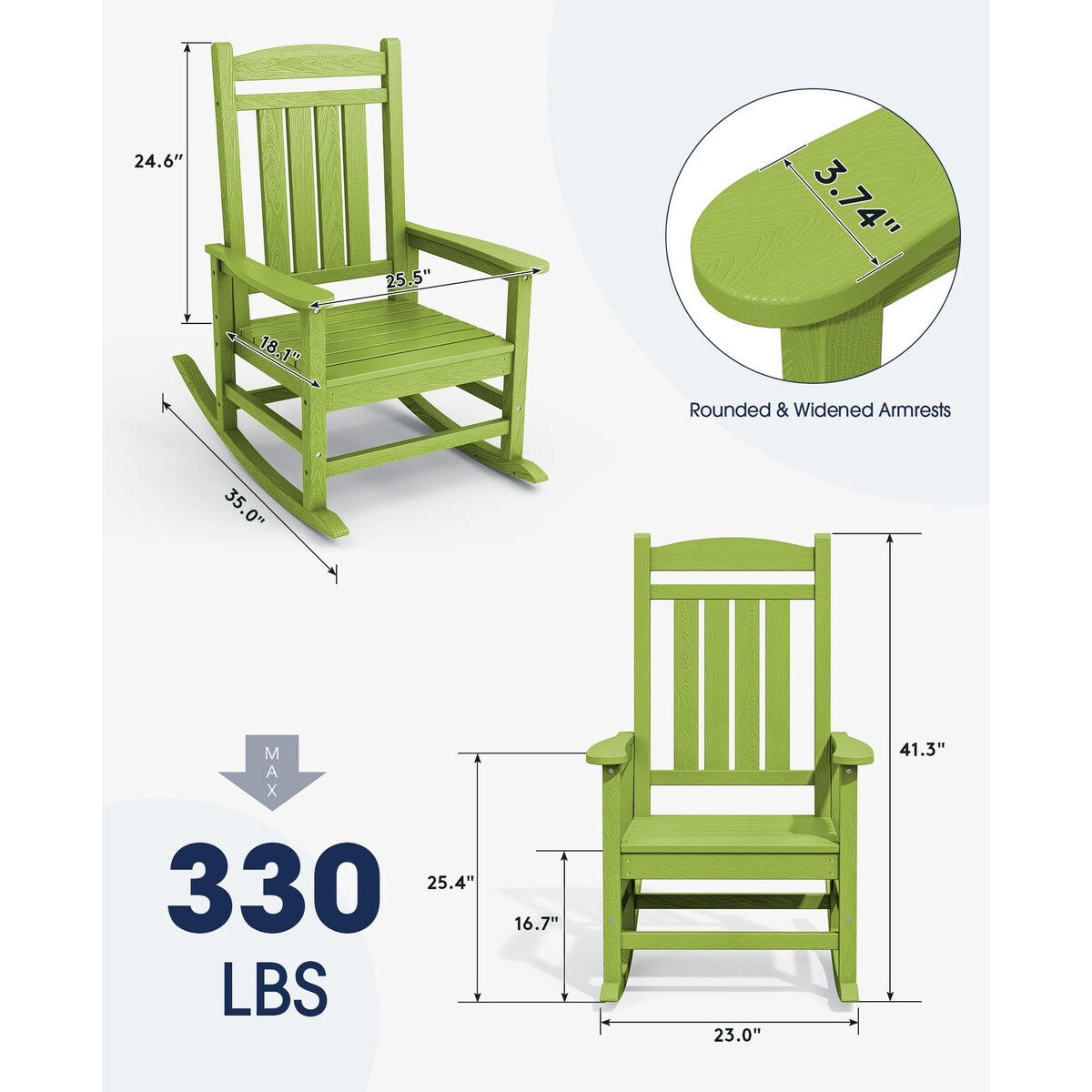 HDPE Rocking Chairs Outdoor, Patio Rocking Chairs with 330lbs Support, Smooth Porch Rocker for Deck Lawn Yard, Pistachio Green