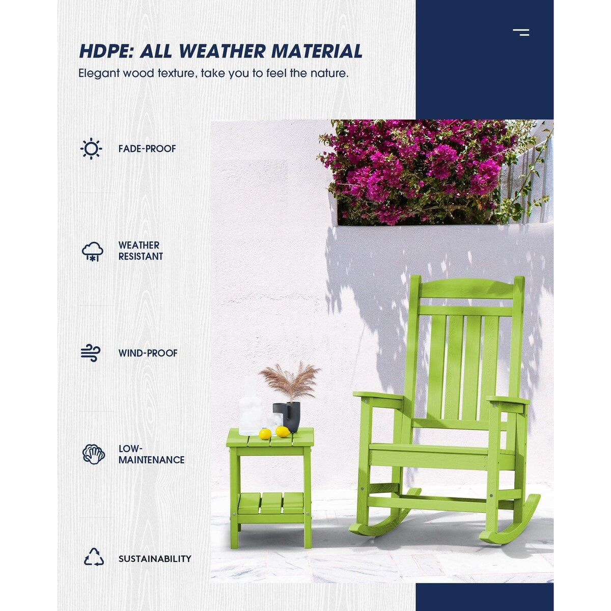 HDPE Rocking Chairs Outdoor, Patio Rocking Chairs with 330lbs Support, Smooth Porch Rocker for Deck Lawn Yard, Pistachio Green