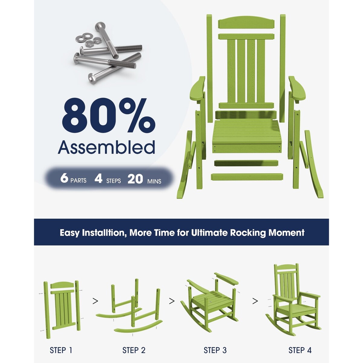HDPE Rocking Chairs Outdoor, Patio Rocking Chairs with 330lbs Support, Smooth Porch Rocker for Deck Lawn Yard, Pistachio Green