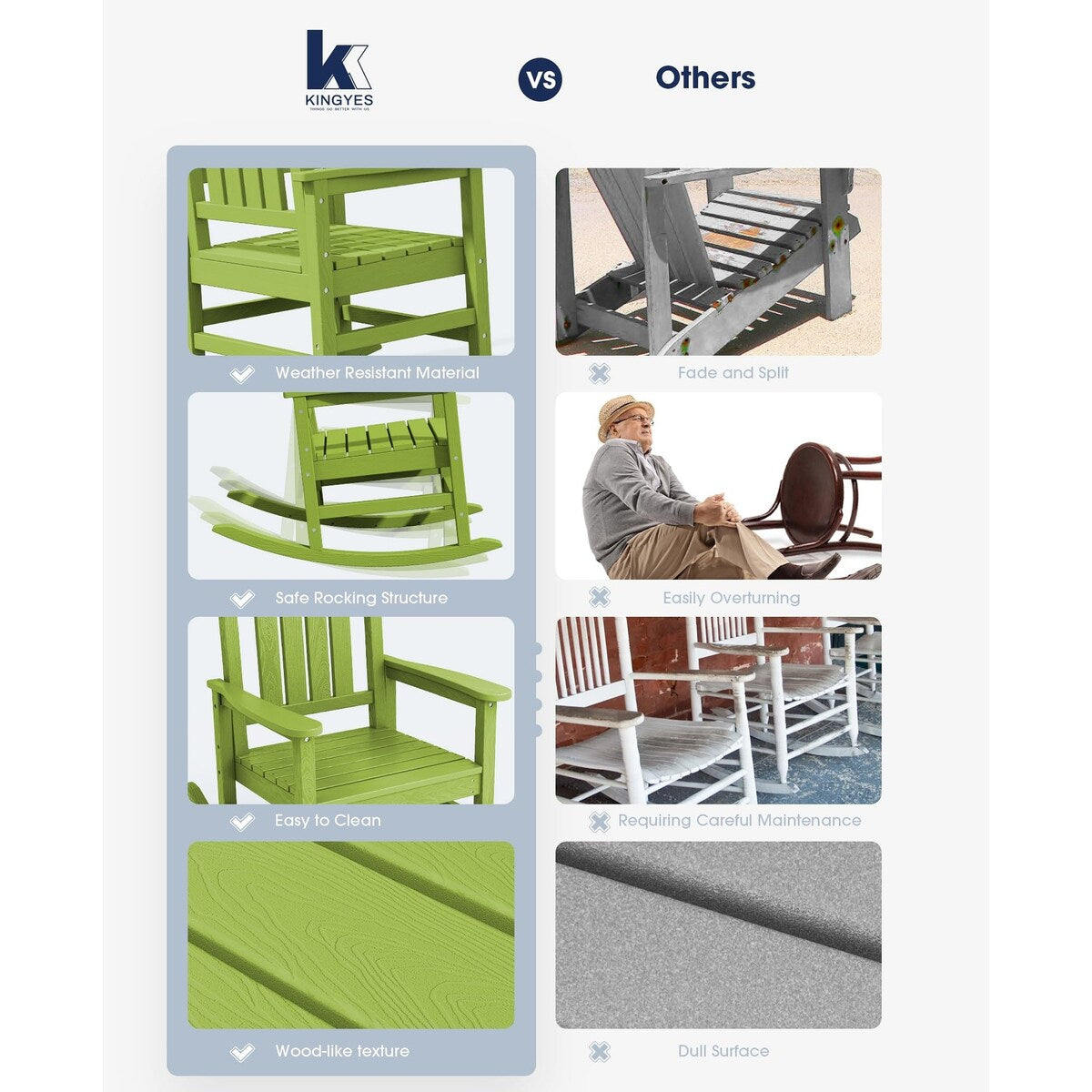 HDPE Rocking Chairs Outdoor, Patio Rocking Chairs with 330lbs Support, Smooth Porch Rocker for Deck Lawn Yard, Pistachio Green