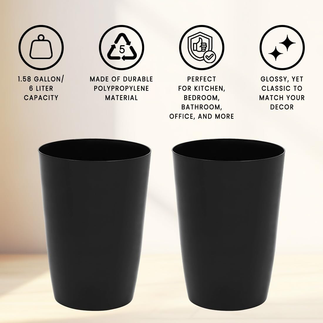 HOLD N’ STORAGE - Set of 2 Small Trash Can with Open Top for Compact and Tight Spaces – 1.58 Gallon Capacity