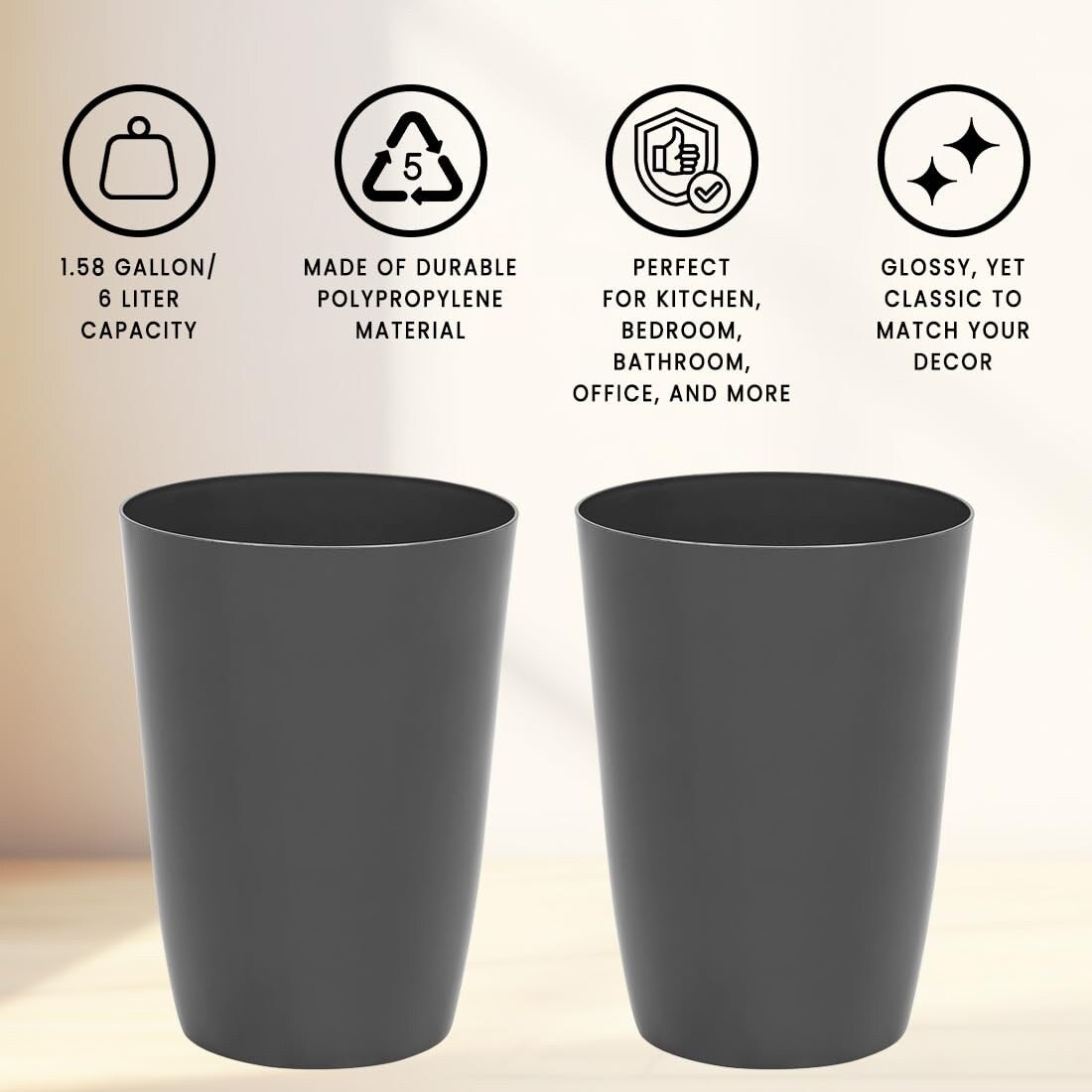 HOLD N’ STORAGE - Set of 2 Small Trash Can with Open Top for Compact and Tight Spaces – 1.58 Gallon Capacity