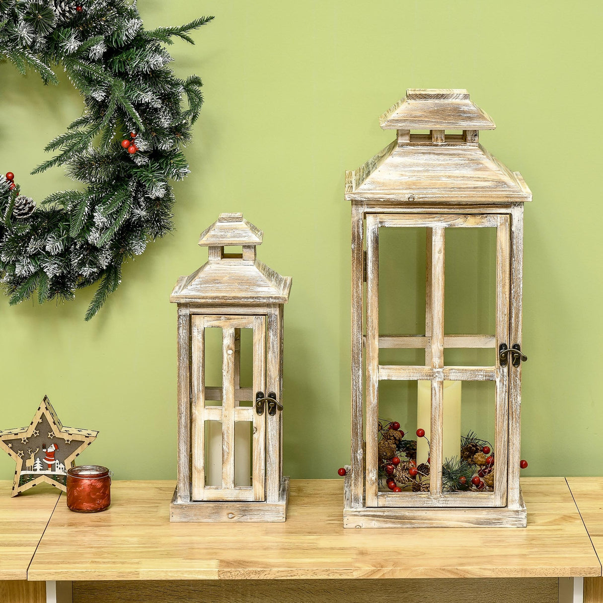 HOMCOM 2 Pack 28"/20" Large Rustic Wooden Lantern Decorative, Indoor/Outdoor Lantern for Home Décor, Natural - N/A
