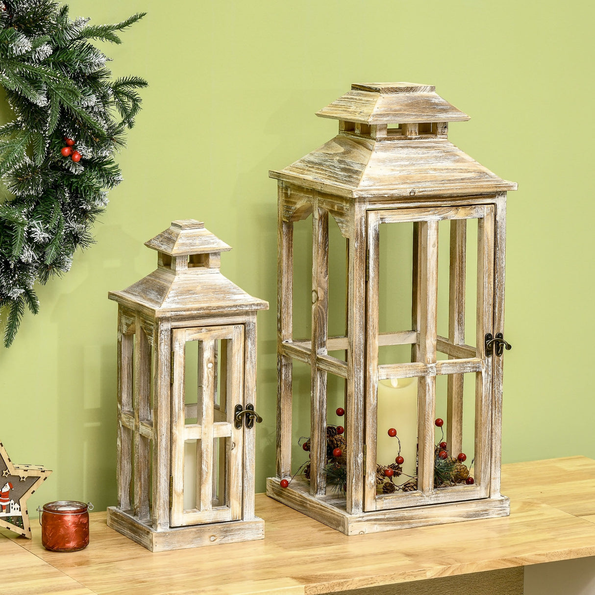 HOMCOM 2 Pack 28"/20" Large Rustic Wooden Lantern Decorative, Indoor/Outdoor Lantern for Home Décor, Natural - N/A