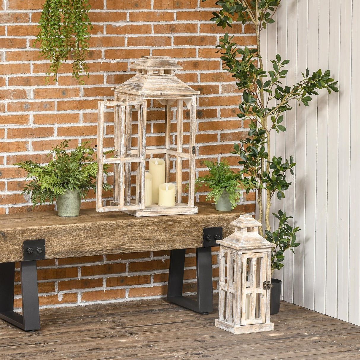 HOMCOM 2 Pack 28"/20" Large Rustic Wooden Lantern Decorative, Indoor/Outdoor Lantern for Home Décor, Natural - N/A