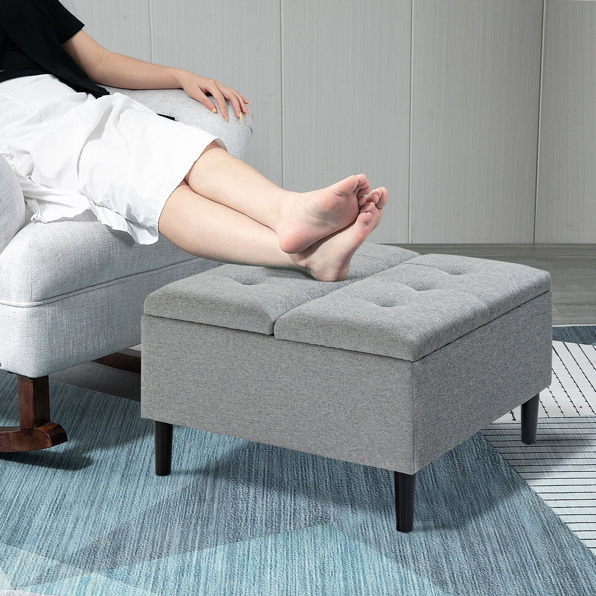 HOMCOM 30" Square Storage Ottoman, Upholstered Ottoman Coffee Table with Lift Top, Button Tufted and Wood Legs, Dark Grey