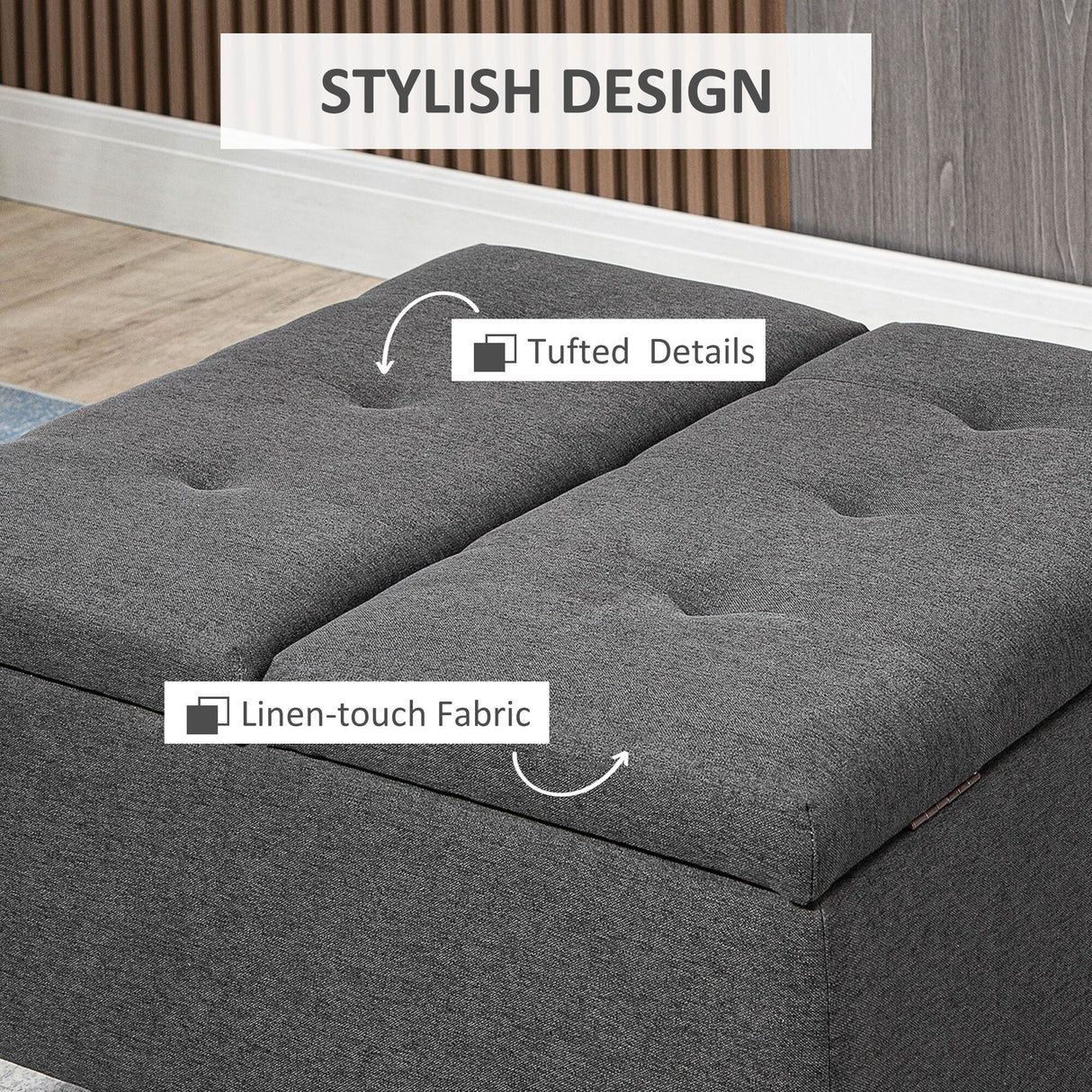 HOMCOM 30" Square Storage Ottoman, Upholstered Ottoman Coffee Table with Lift Top, Button Tufted and Wood Legs, Dark Grey