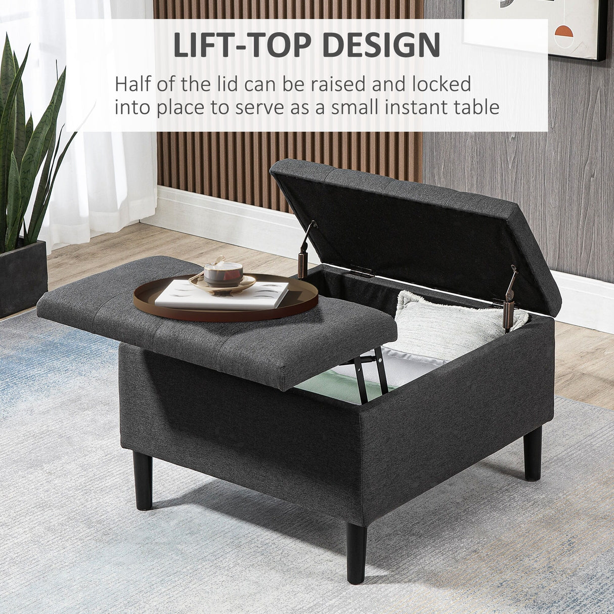 HOMCOM 30" Square Storage Ottoman, Upholstered Ottoman Coffee Table with Lift Top, Button Tufted and Wood Legs, Dark Grey