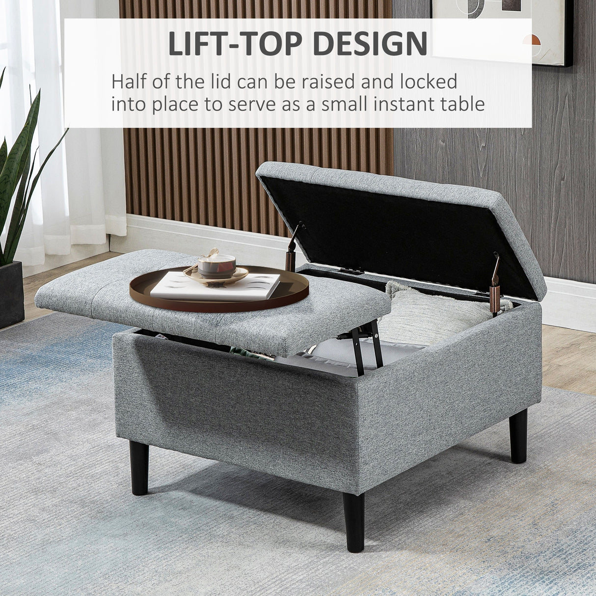 HOMCOM 30" Square Storage Ottoman, Upholstered Ottoman Coffee Table with Lift Top, Button Tufted and Wood Legs, Dark Grey