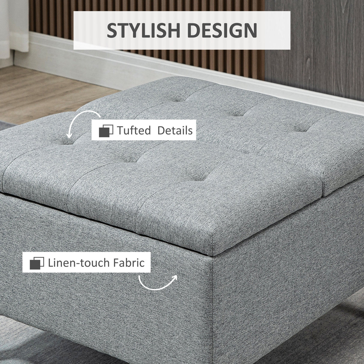 HOMCOM 30" Square Storage Ottoman, Upholstered Ottoman Coffee Table with Lift Top, Button Tufted and Wood Legs, Dark Grey