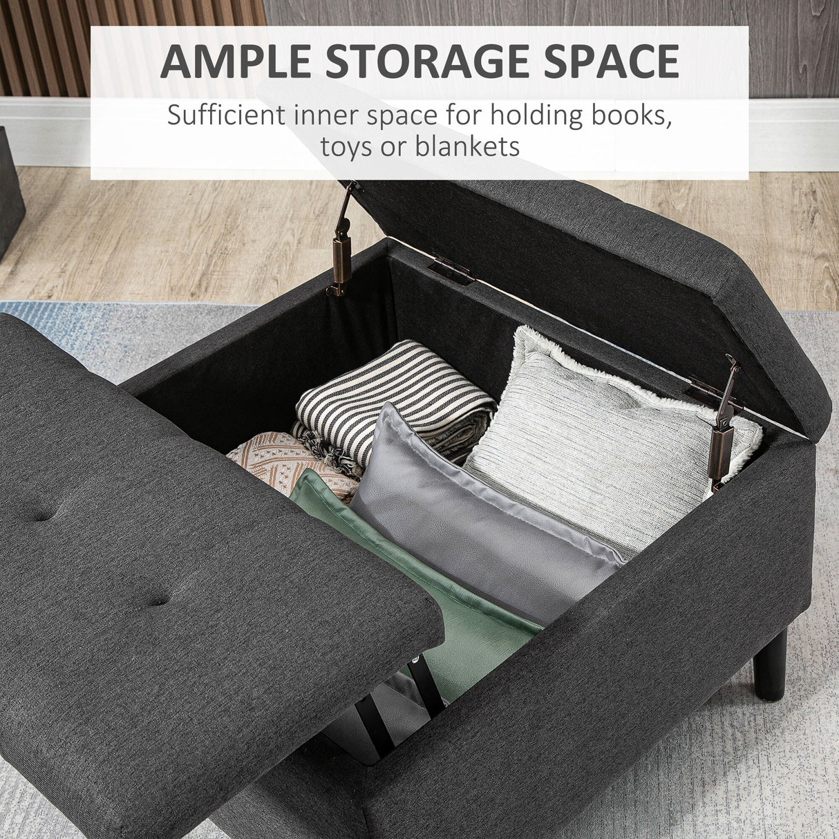 HOMCOM 30" Square Storage Ottoman, Upholstered Ottoman Coffee Table with Lift Top, Button Tufted and Wood Legs, Dark Grey