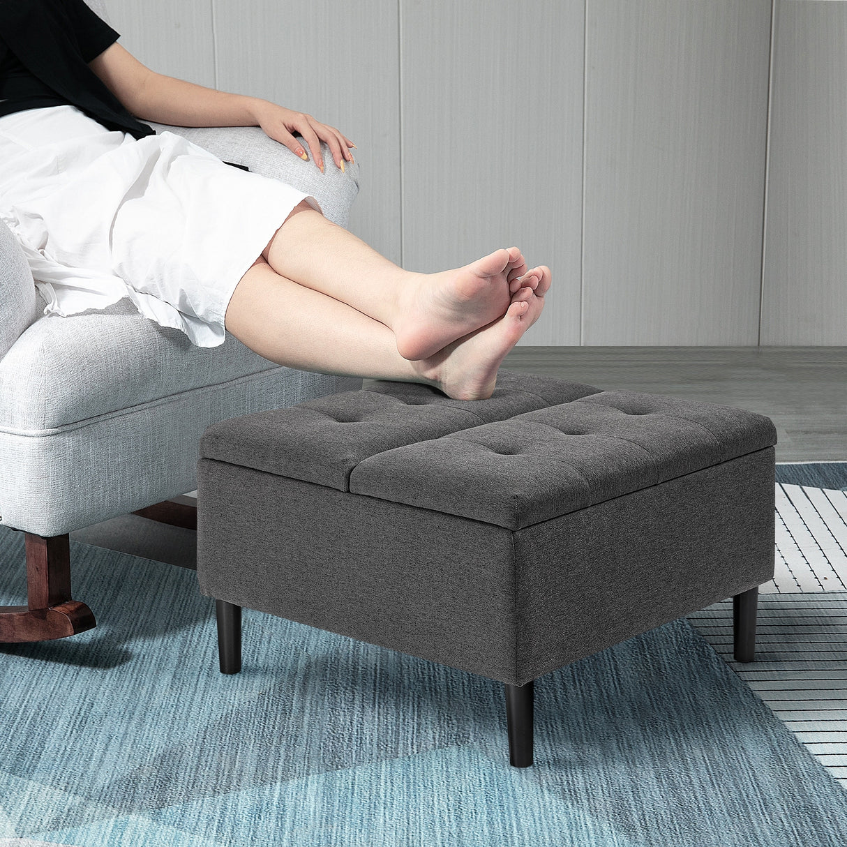 HOMCOM 30" Square Storage Ottoman, Upholstered Ottoman Coffee Table with Lift Top, Button Tufted and Wood Legs, Dark Grey