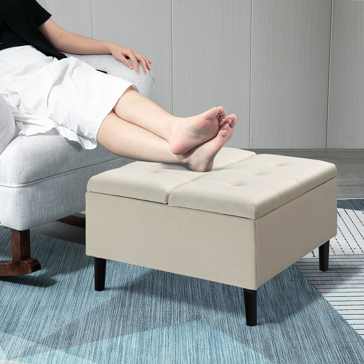HOMCOM 30" Square Storage Ottoman, Upholstered Ottoman Coffee Table with Lift Top, Button Tufted and Wood Legs, Dark Grey