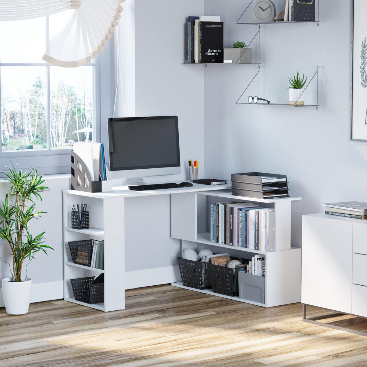 HOMCOM 360° Rotating L-Shaped Corner Desk: White, with Storage Shelves