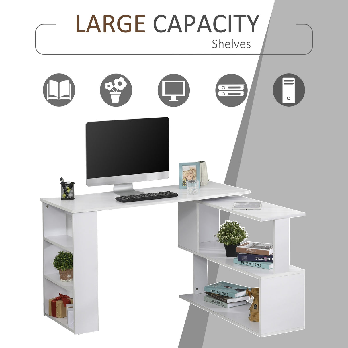 HOMCOM 360° Rotating L-Shaped Corner Desk: White, with Storage Shelves