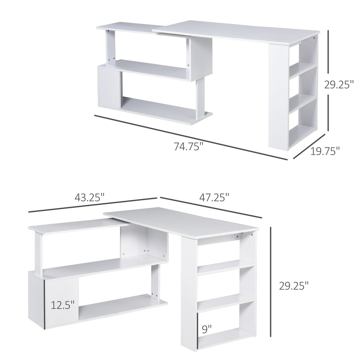 HOMCOM 360° Rotating L-Shaped Corner Desk: White, with Storage Shelves