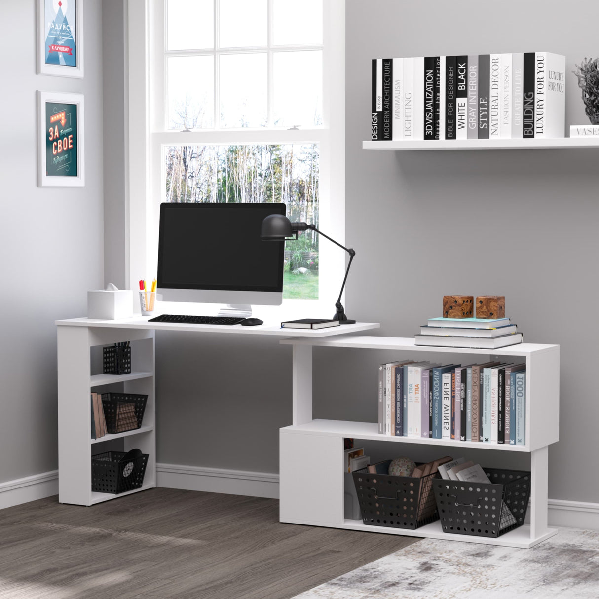 HOMCOM 360° Rotating L-Shaped Corner Desk: White, with Storage Shelves