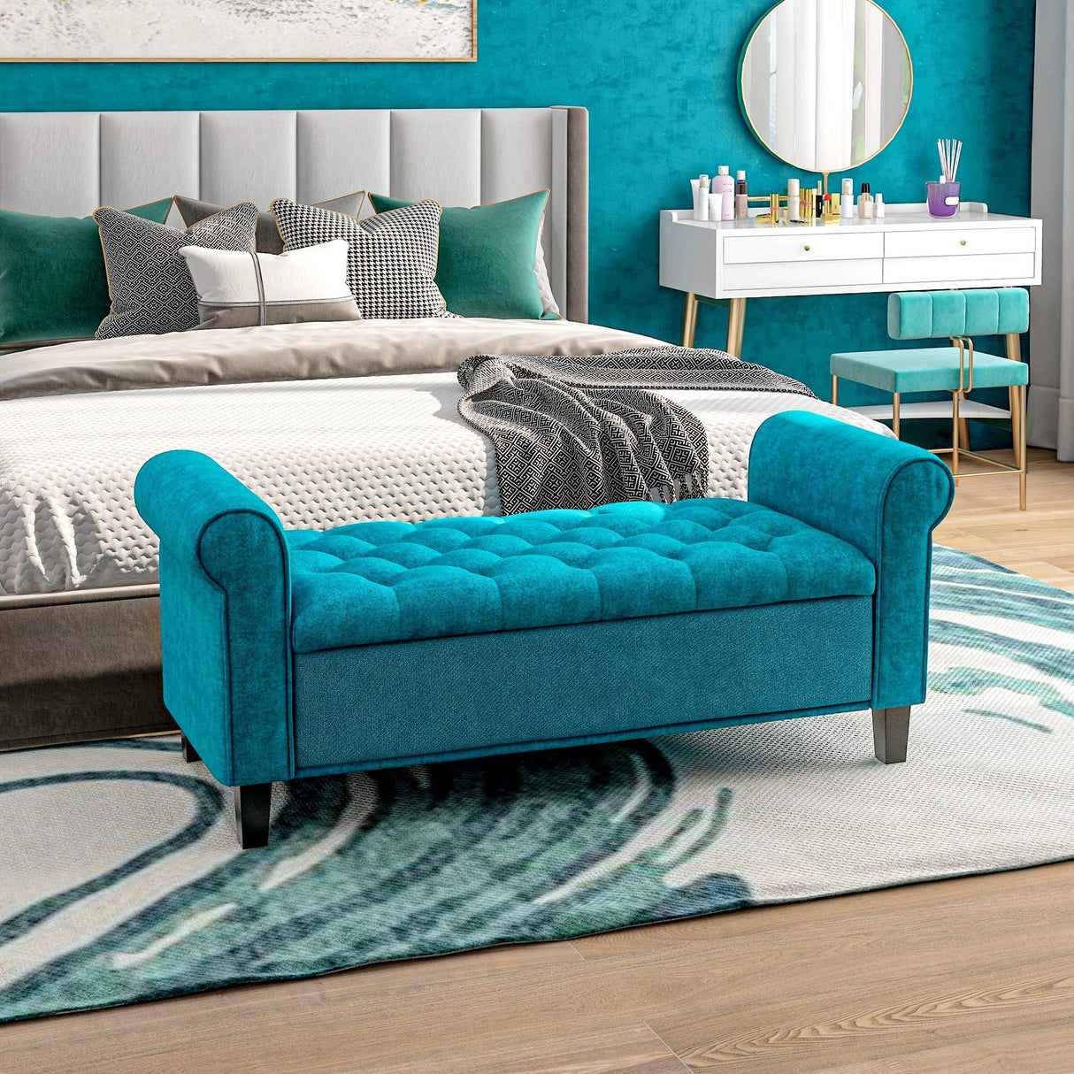 HOMCOM 50" Storage Ottoman Bench, Upholstered End of Bed Bench with Rolled Arms, Wood Legs, Button Tufted Storage Bench Gray
