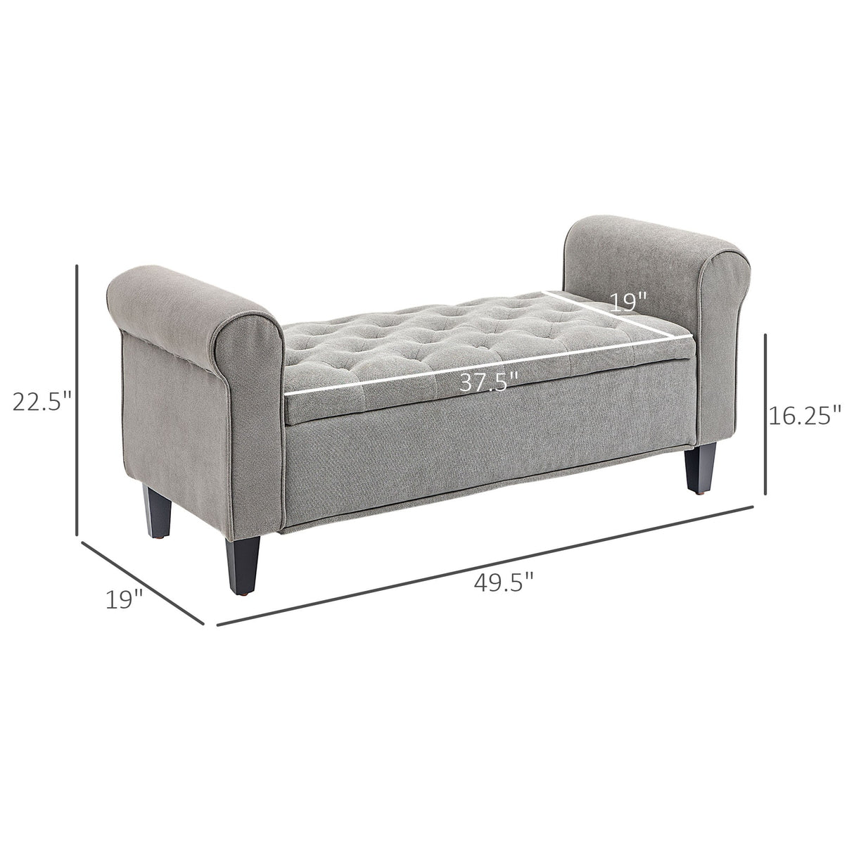 HOMCOM 50" Storage Ottoman Bench, Upholstered End of Bed Bench with Rolled Arms, Wood Legs, Button Tufted Storage Bench Gray