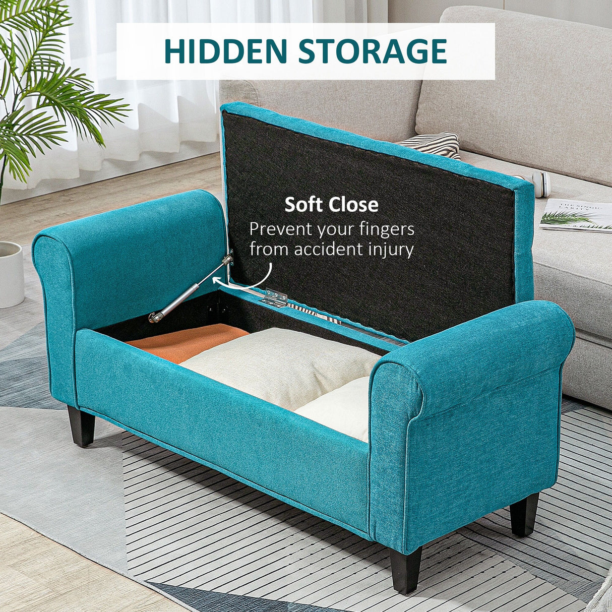 HOMCOM 50" Storage Ottoman Bench, Upholstered End of Bed Bench with Rolled Arms, Wood Legs, Button Tufted Storage Bench Gray