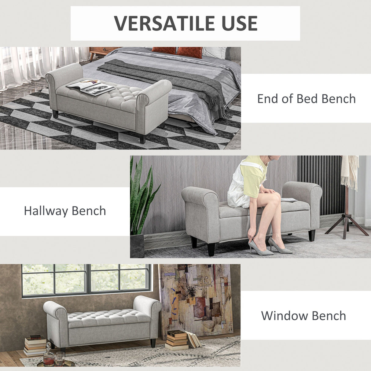 HOMCOM 50" Storage Ottoman Bench, Upholstered End of Bed Bench with Rolled Arms, Wood Legs, Button Tufted Storage Bench Gray