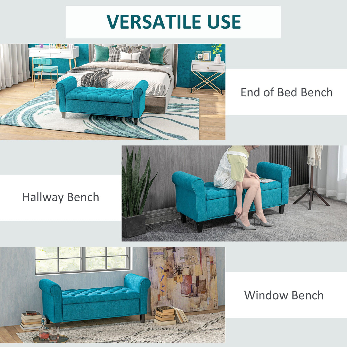 HOMCOM 50" Storage Ottoman Bench, Upholstered End of Bed Bench with Rolled Arms, Wood Legs, Button Tufted Storage Bench Gray