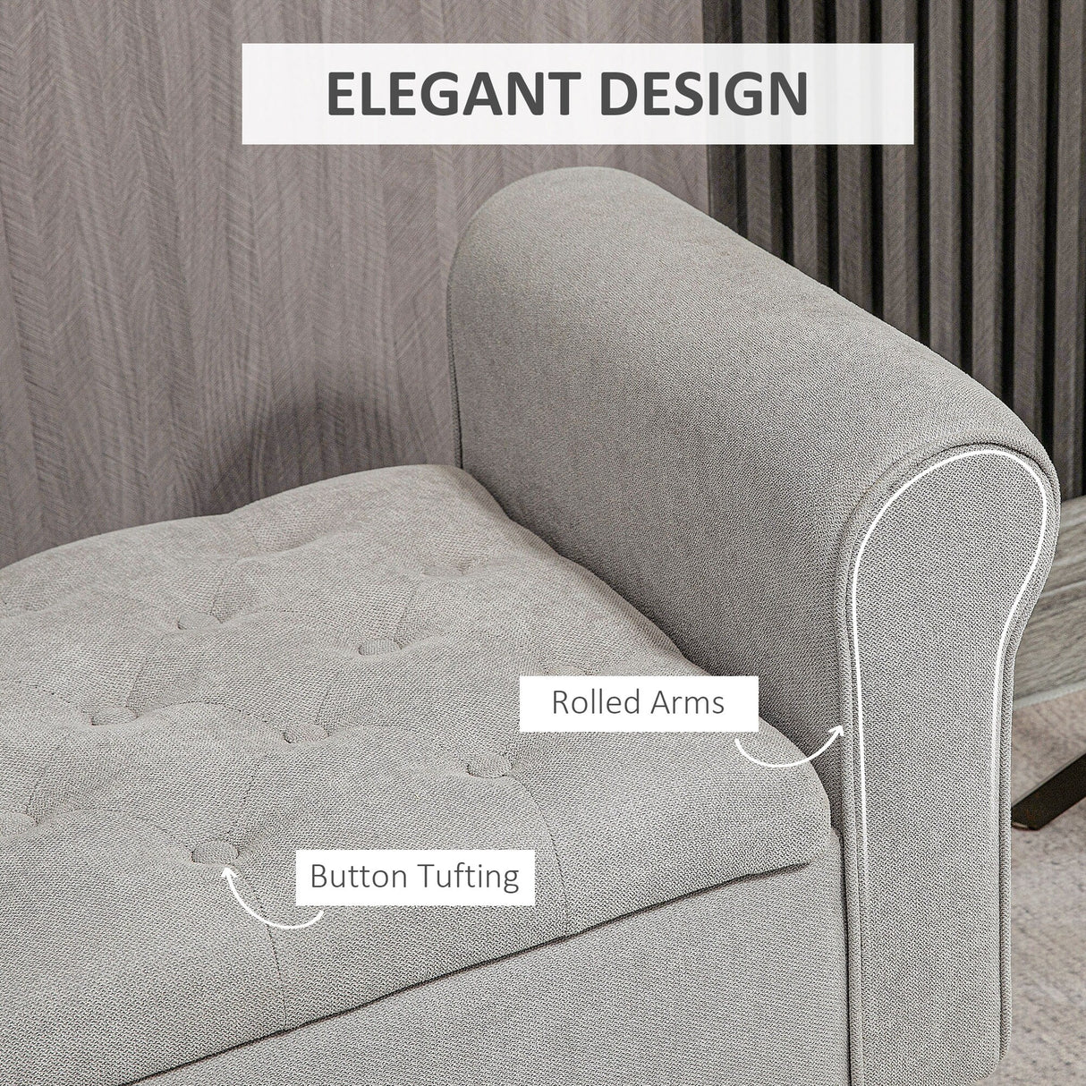 HOMCOM 50" Storage Ottoman Bench, Upholstered End of Bed Bench with Rolled Arms, Wood Legs, Button Tufted Storage Bench Gray