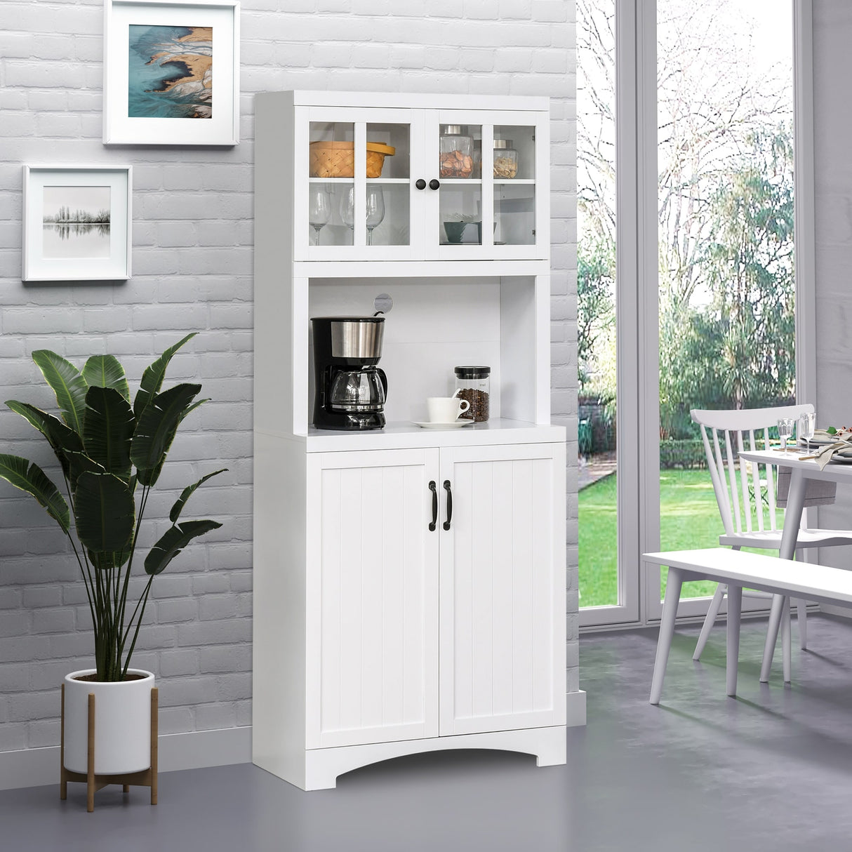 HOMCOM Accent Kitchen Buffet and Hutch Wooden Storage Cupboard with Glass Framed Door, and Microwave Space