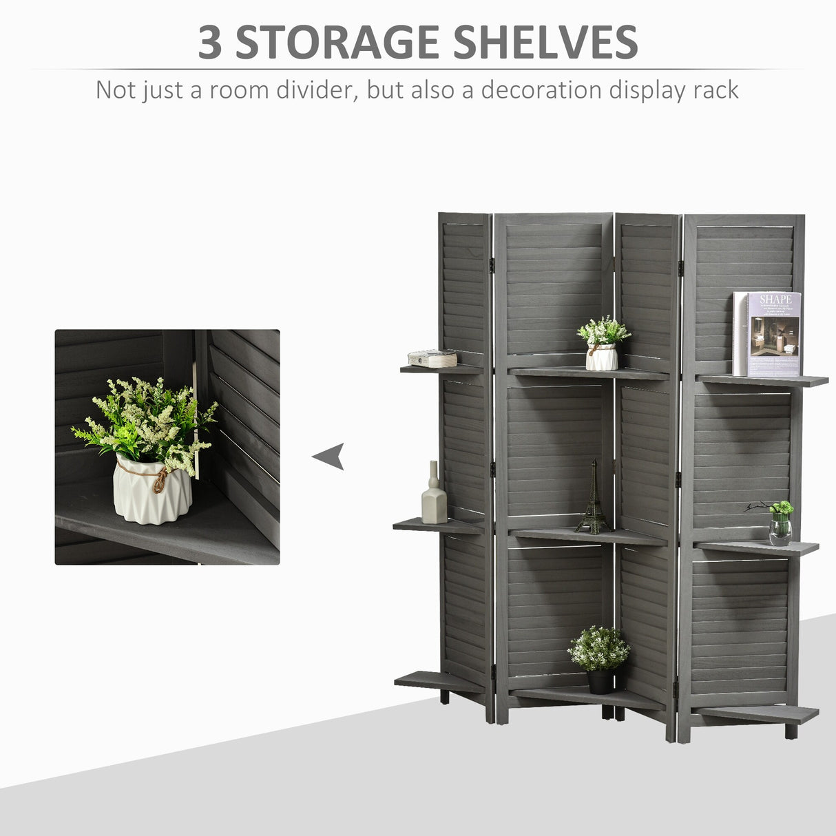 HOMCOM Blinds Style 4-Panel Wood Room Divider, 67'' Tall Folding Privacy Screen Panels Gray - 8' x 10'