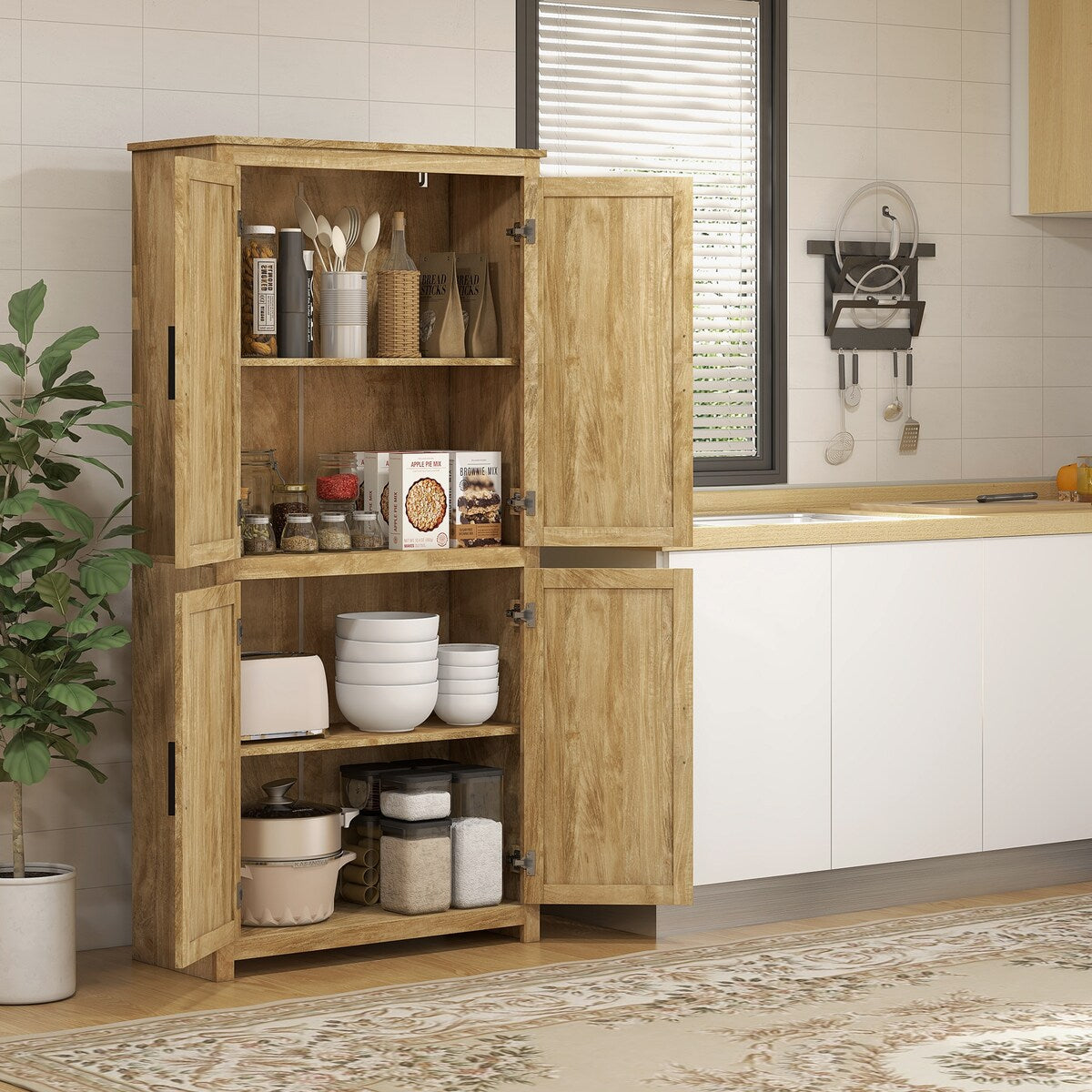 HOMCOM Boho Kitchen Pantry Cabinet with 4 Rattan Decorated Doors ,64" Freestanding Kitchen Storage Cabinet , 4 Tier Shelves