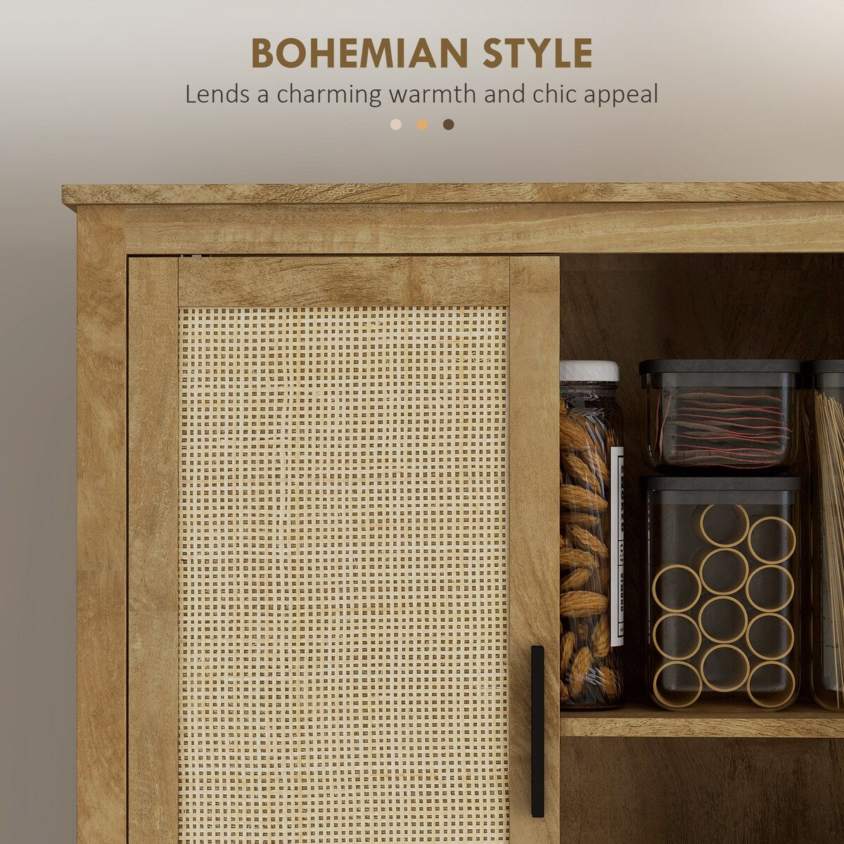 HOMCOM Boho Kitchen Pantry Cabinet with 4 Rattan Decorated Doors ,64" Freestanding Kitchen Storage Cabinet , 4 Tier Shelves