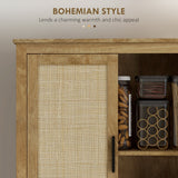 HOMCOM Boho Kitchen Pantry Cabinet with 4 Rattan Decorated Doors ,64" Freestanding Kitchen Storage Cabinet , 4 Tier Shelves