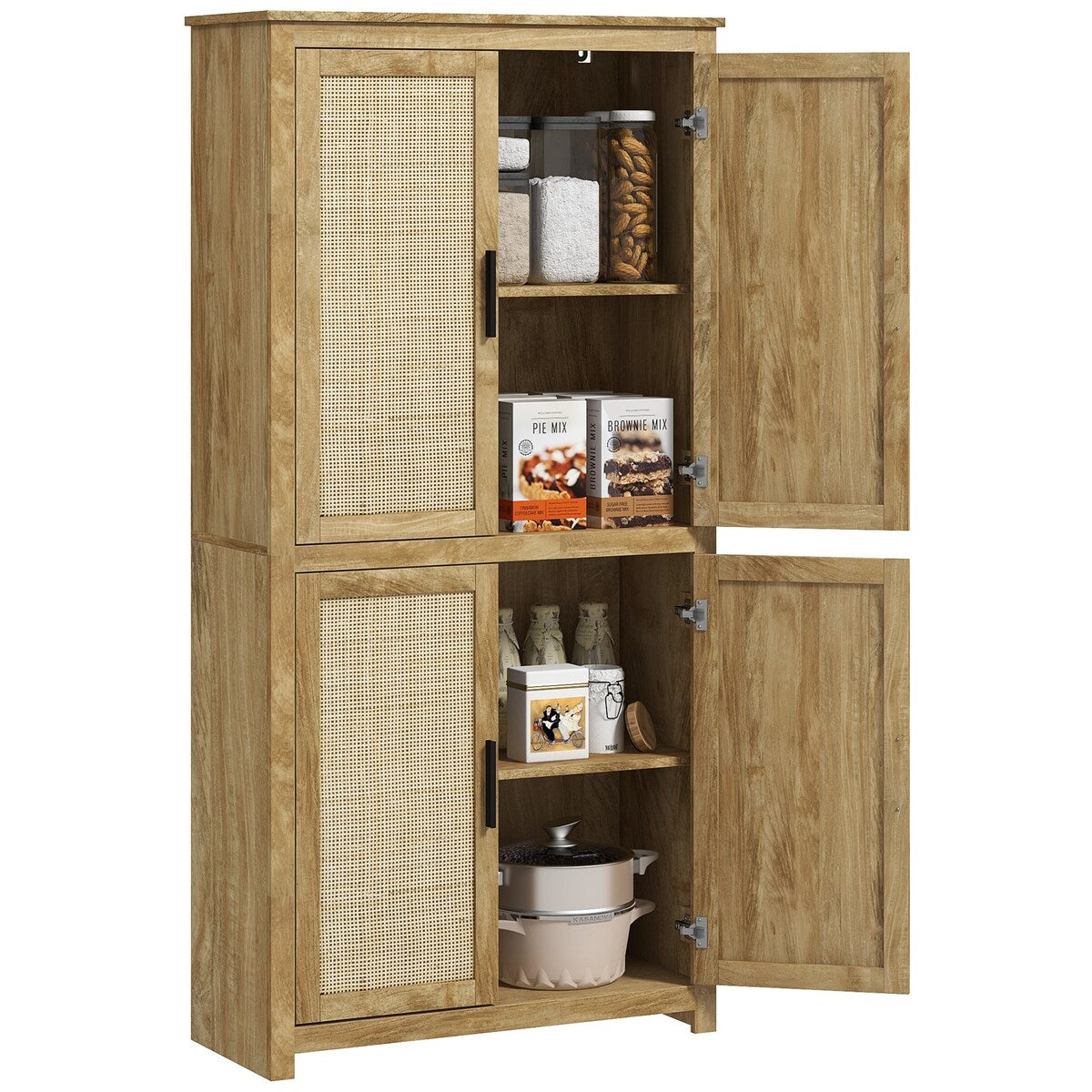 HOMCOM Boho Kitchen Pantry Cabinet with 4 Rattan Decorated Doors ,64" Freestanding Kitchen Storage Cabinet , 4 Tier Shelves