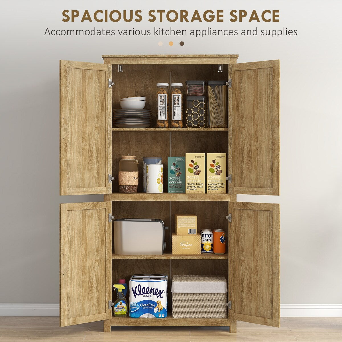 HOMCOM Boho Kitchen Pantry Cabinet with 4 Rattan Decorated Doors ,64" Freestanding Kitchen Storage Cabinet , 4 Tier Shelves