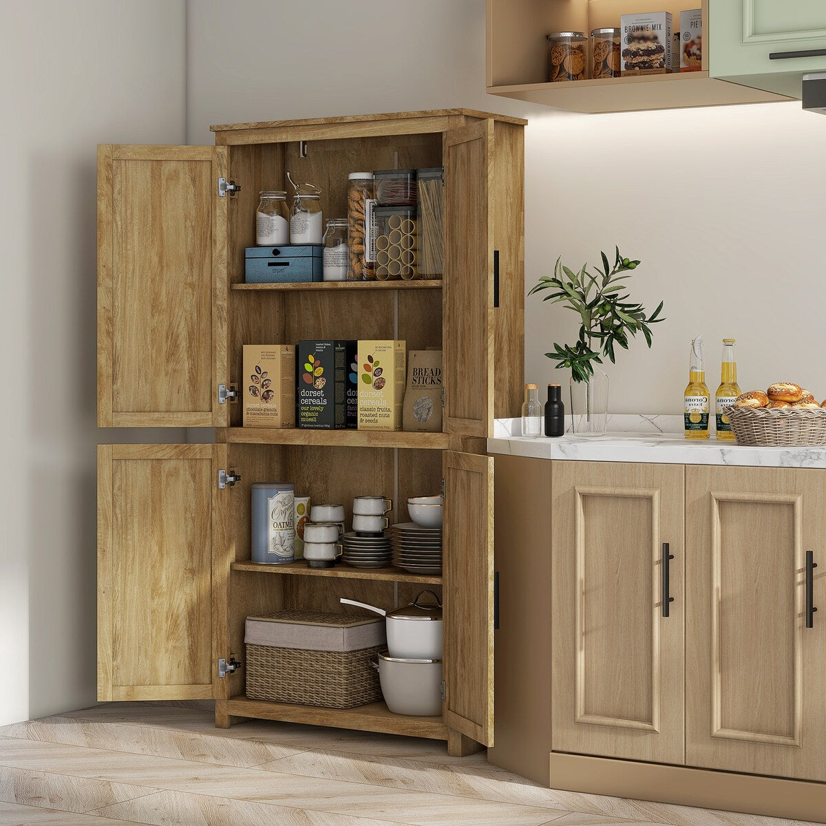 HOMCOM Boho Kitchen Pantry Cabinet with 4 Rattan Decorated Doors ,64" Freestanding Kitchen Storage Cabinet , 4 Tier Shelves