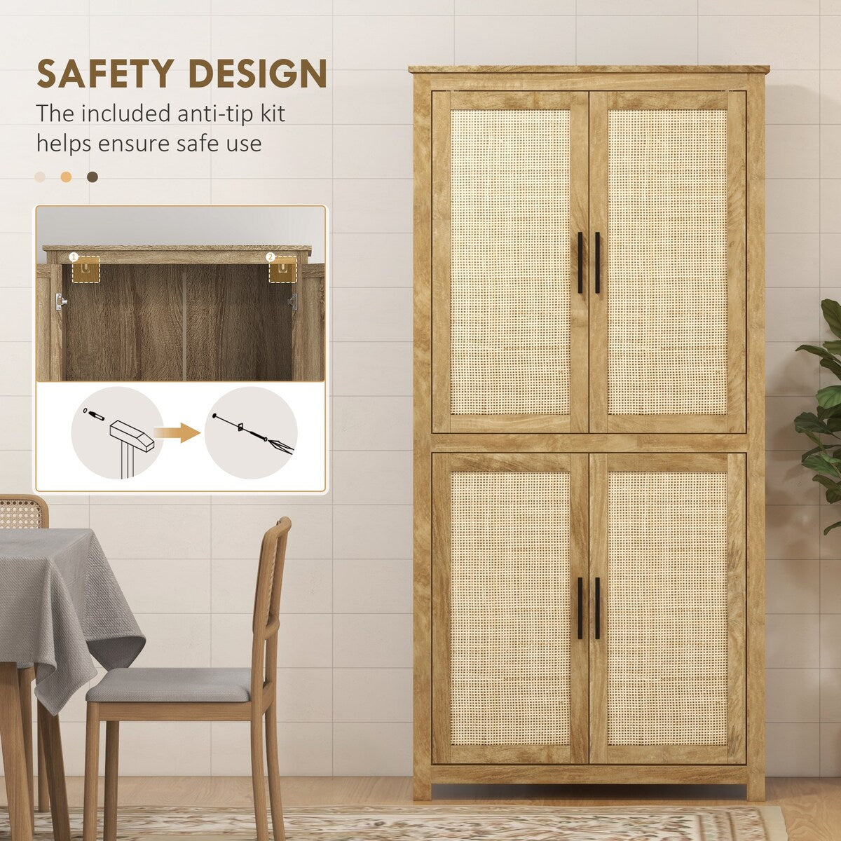 HOMCOM Boho Kitchen Pantry Cabinet with 4 Rattan Decorated Doors ,64" Freestanding Kitchen Storage Cabinet , 4 Tier Shelves
