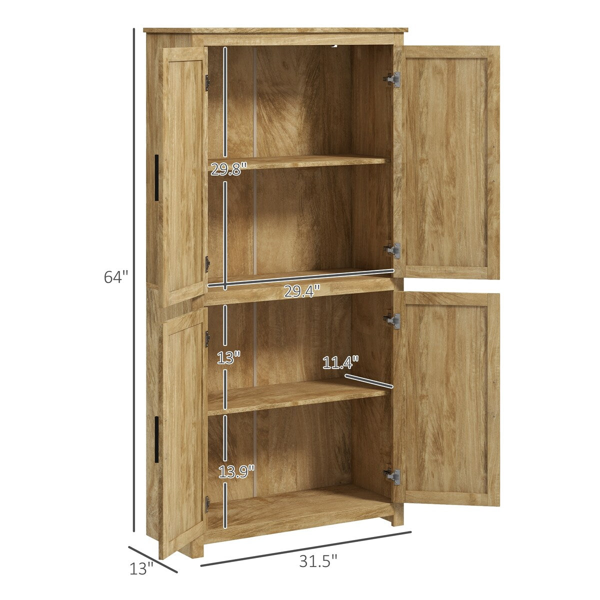 HOMCOM Boho Kitchen Pantry Cabinet with 4 Rattan Decorated Doors ,64" Freestanding Kitchen Storage Cabinet , 4 Tier Shelves