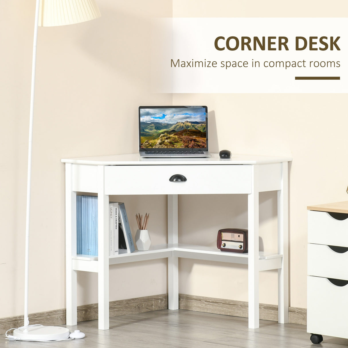 HOMCOM Corner Desk, Triangle Computer Desk with Drawer and Storage Shelves for Small Space