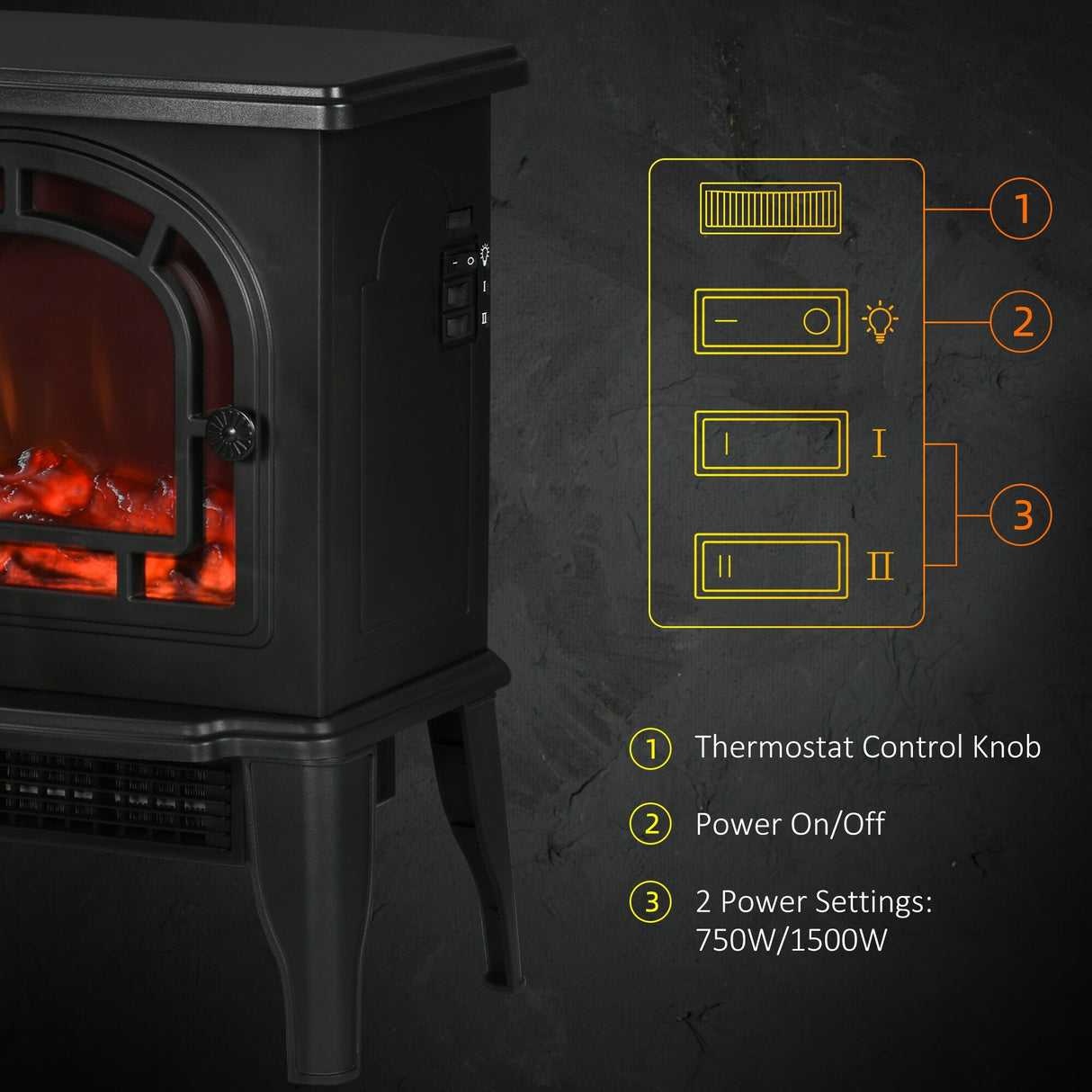 HOMCOM Electric Freestanding Fireplace Heater with Realistic LED Flame, Adjustable Temperature, Overheat Protection