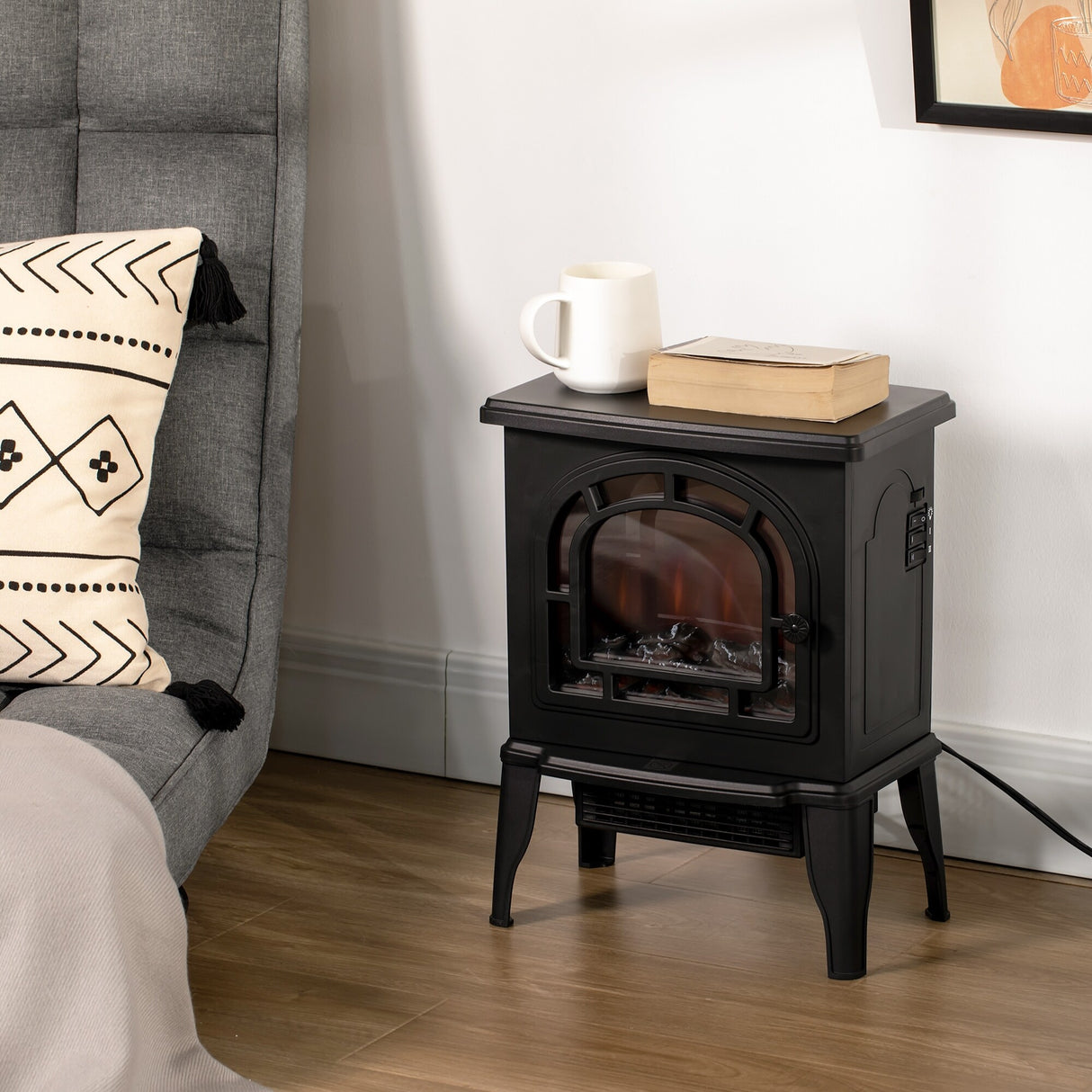 HOMCOM Electric Freestanding Fireplace Heater with Realistic LED Flame, Adjustable Temperature, Overheat Protection