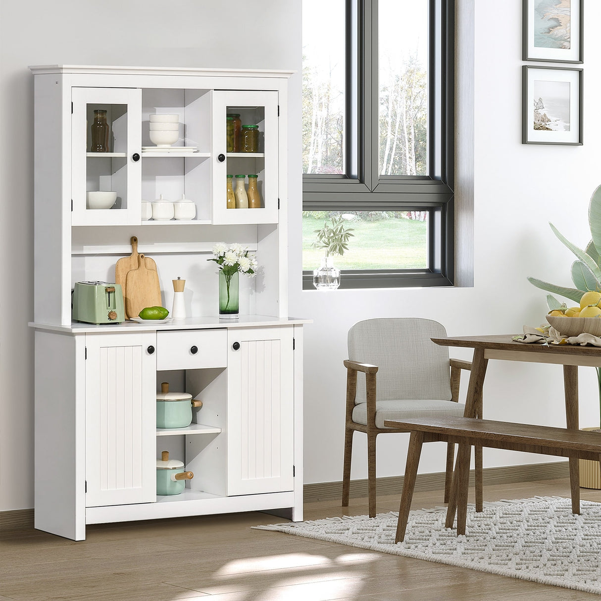 HOMCOM Freestanding Rustic Buffet with Hutch, Farmhouse Kitchen Pantry Cabinet