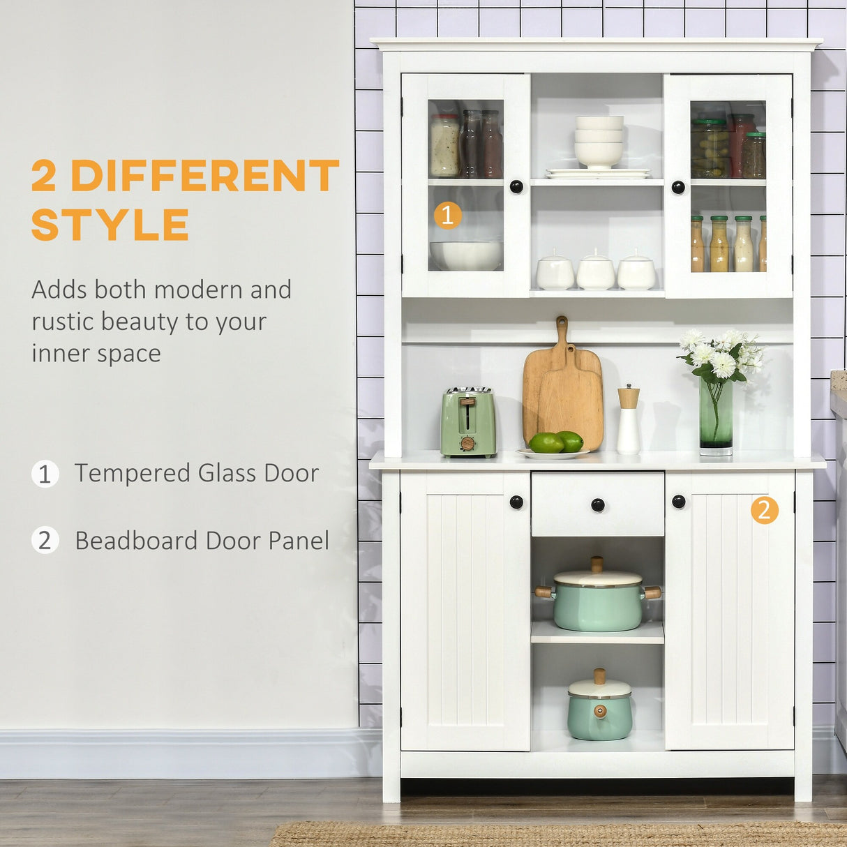 HOMCOM Freestanding Rustic Buffet with Hutch, Farmhouse Kitchen Pantry Cabinet