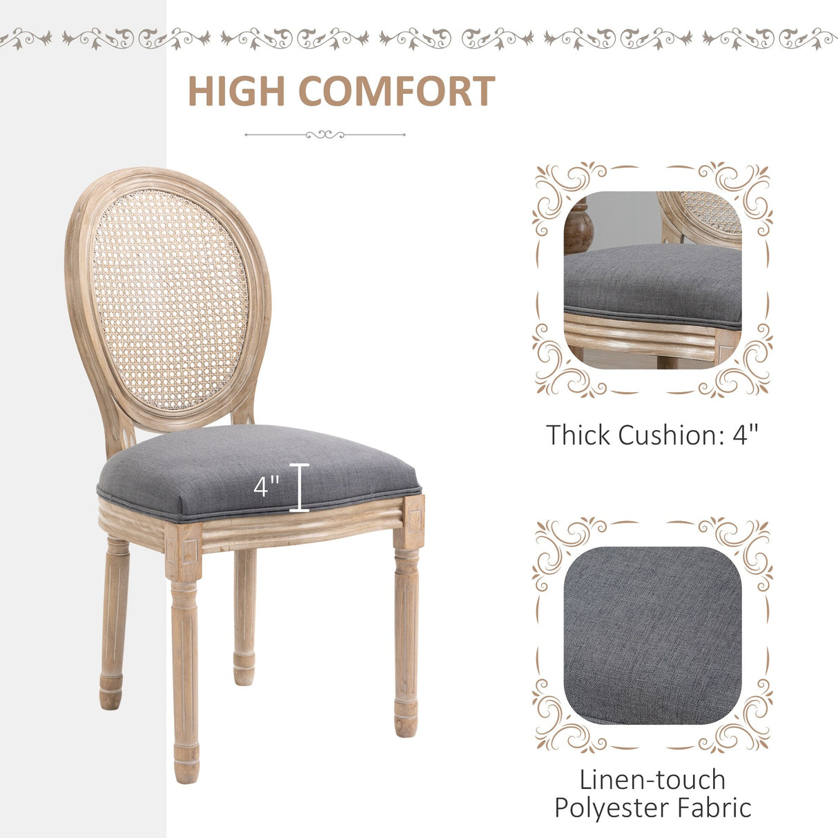 HOMCOM French-Style Upholstered Dining Chair Set, Armless Accent Side Chairs with Rattan Backrest and Linen-Touch Upholstery