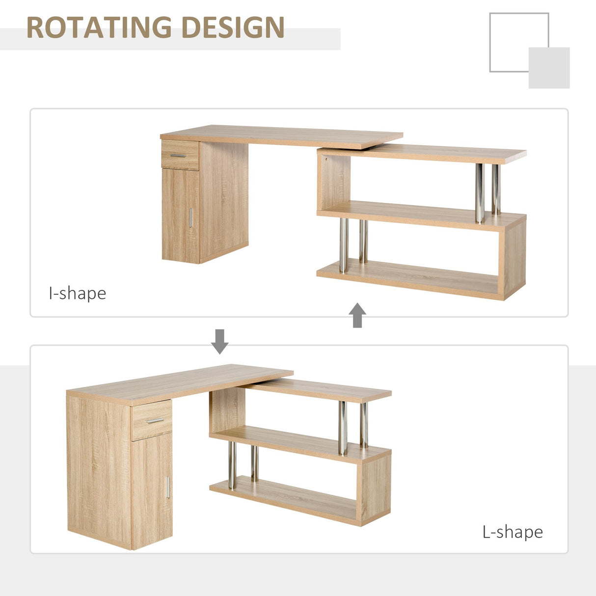 HOMCOM L-Shaped Rotating Computer Desk Home Office Study Workstation with Storage Shelves, Cabinet and Drawer for Home & Office