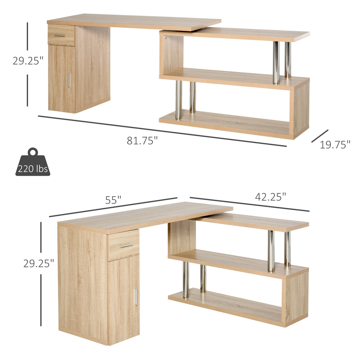 HOMCOM L-Shaped Rotating Computer Desk Home Office Study Workstation with Storage Shelves, Cabinet and Drawer for Home & Office