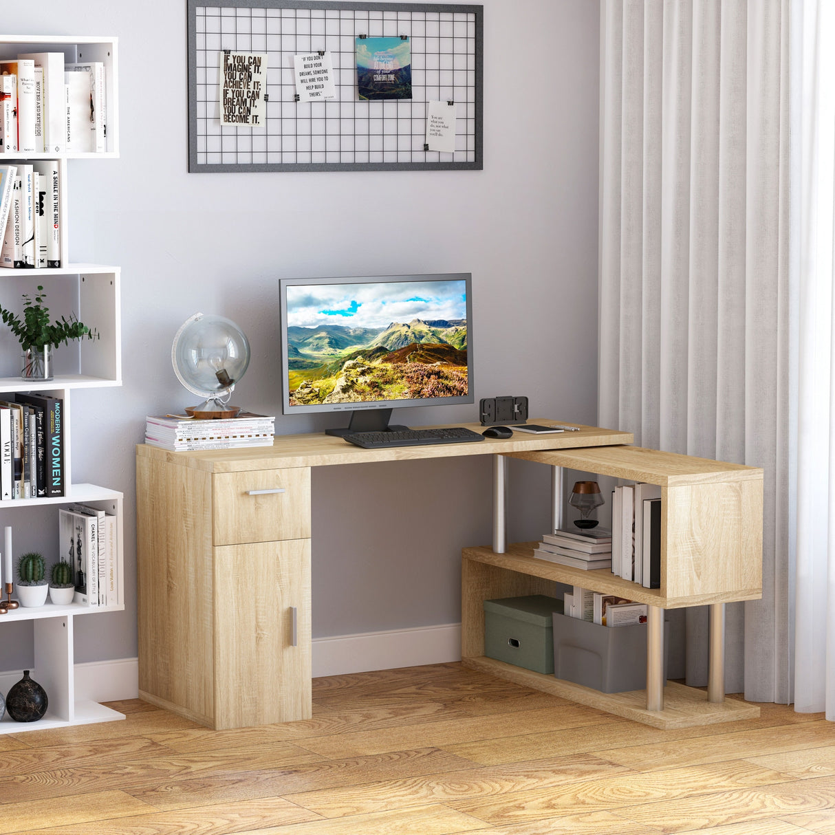 HOMCOM L-Shaped Rotating Computer Desk Home Office Study Workstation with Storage Shelves, Cabinet and Drawer for Home & Office