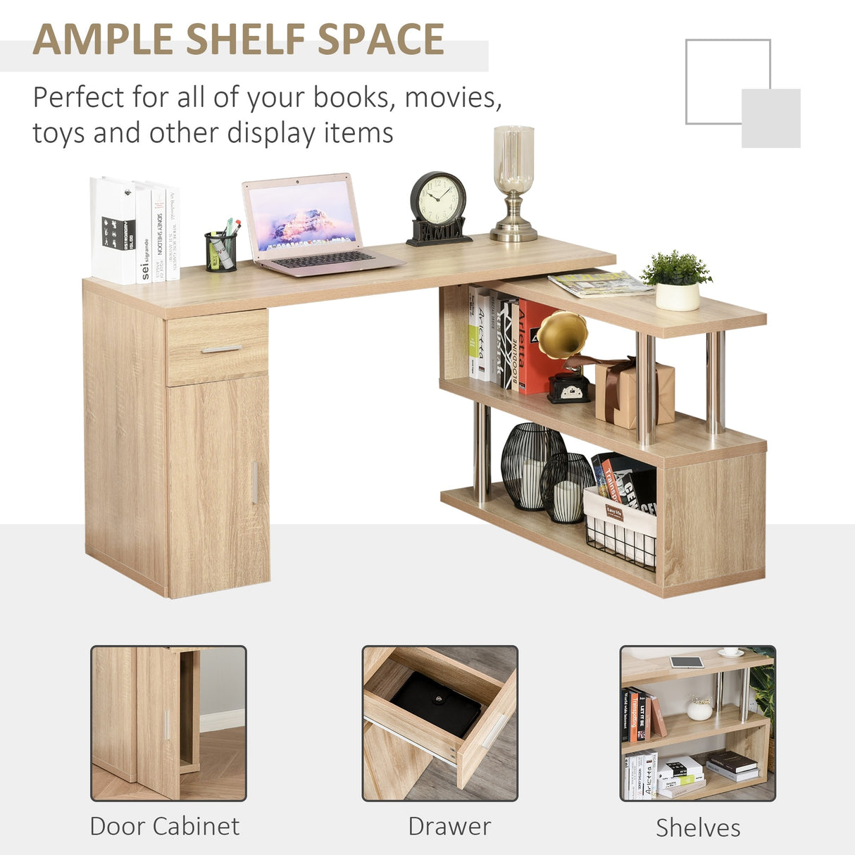 HOMCOM L-Shaped Rotating Computer Desk Home Office Study Workstation with Storage Shelves, Cabinet and Drawer for Home & Office