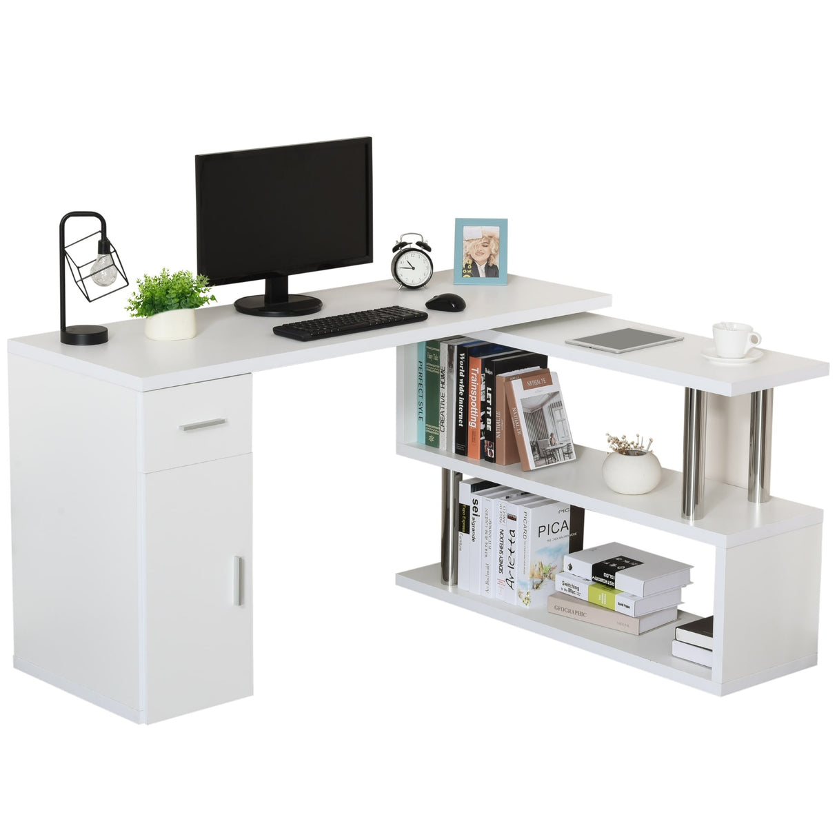 HOMCOM L-Shaped Rotating Computer Desk Home Office Study Workstation with Storage Shelves, Cabinet and Drawer for Home & Office