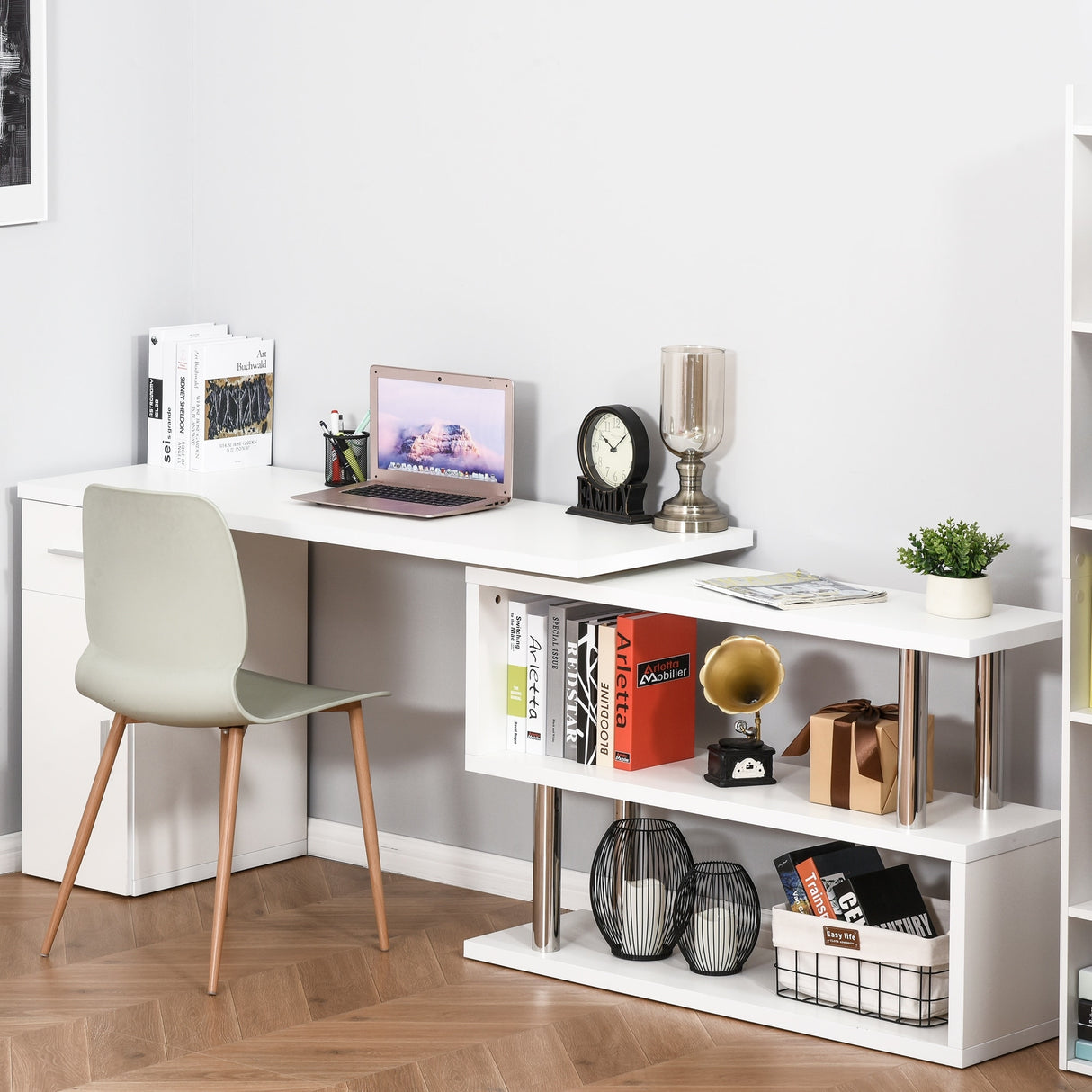HOMCOM L-Shaped Rotating Computer Desk Home Office Study Workstation with Storage Shelves, Cabinet and Drawer for Home & Office